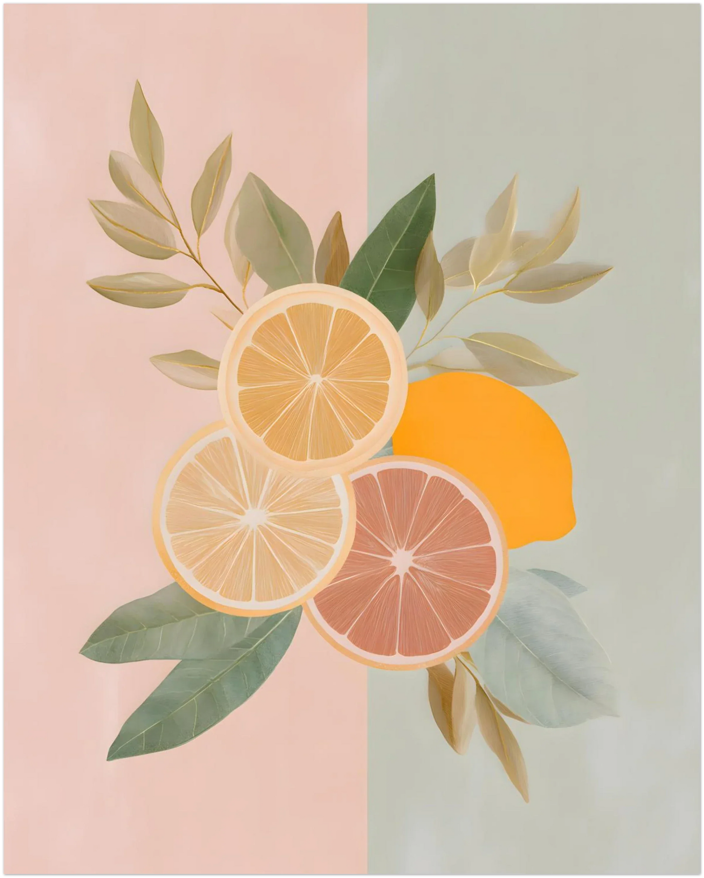 Mockup of the pastel citrus artwork in the 8×10 inch size, showing the grapefruit, lemon and orange illustration cropped on a clean background to demonstrate scale, proportions and final print appearance.
