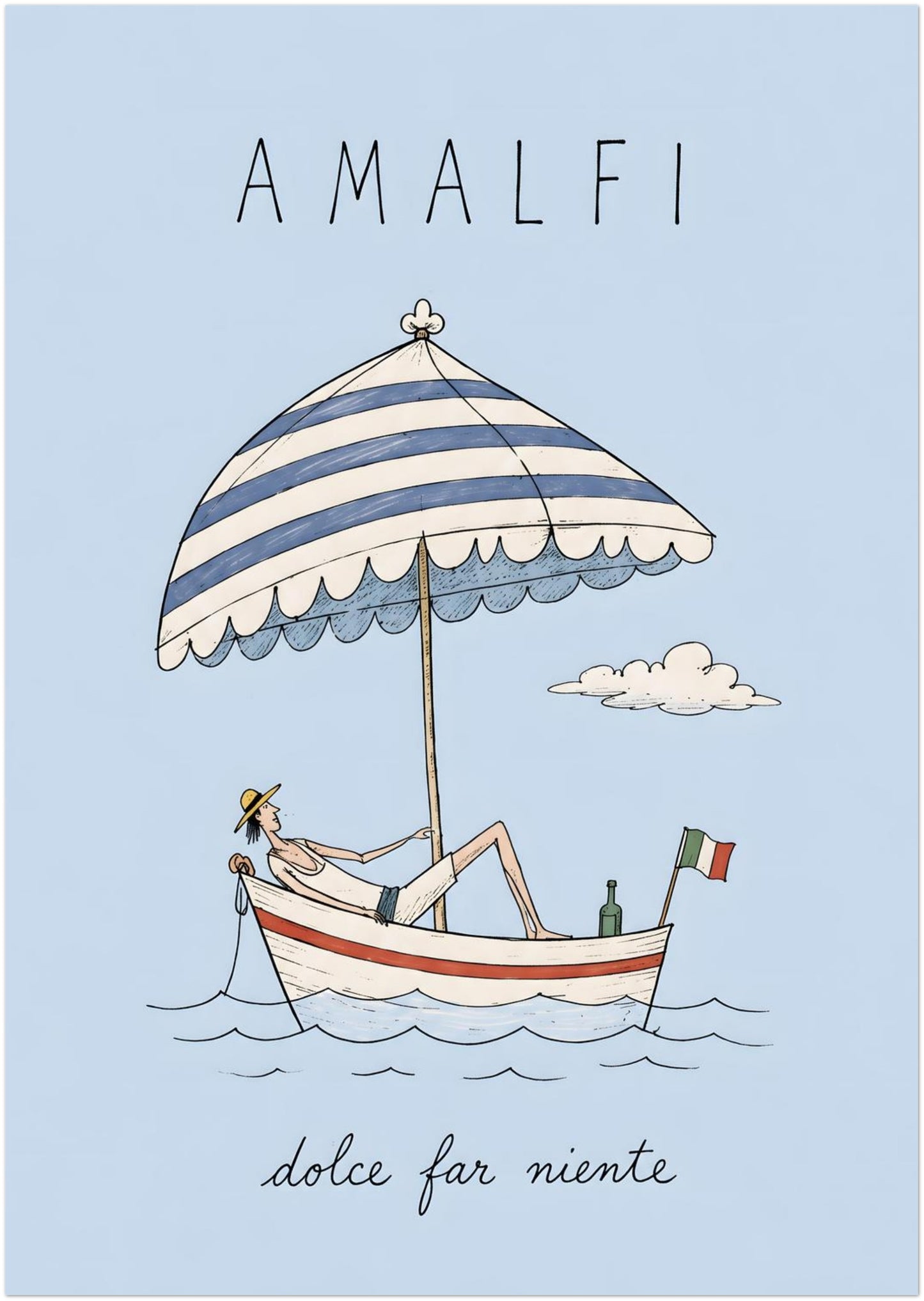 A0 unframed Amalfi travel poster featuring a relaxed summer boat scene with a reclining figure, oversized striped parasol, Italian flag, soft blue background and dolce far niente wording.