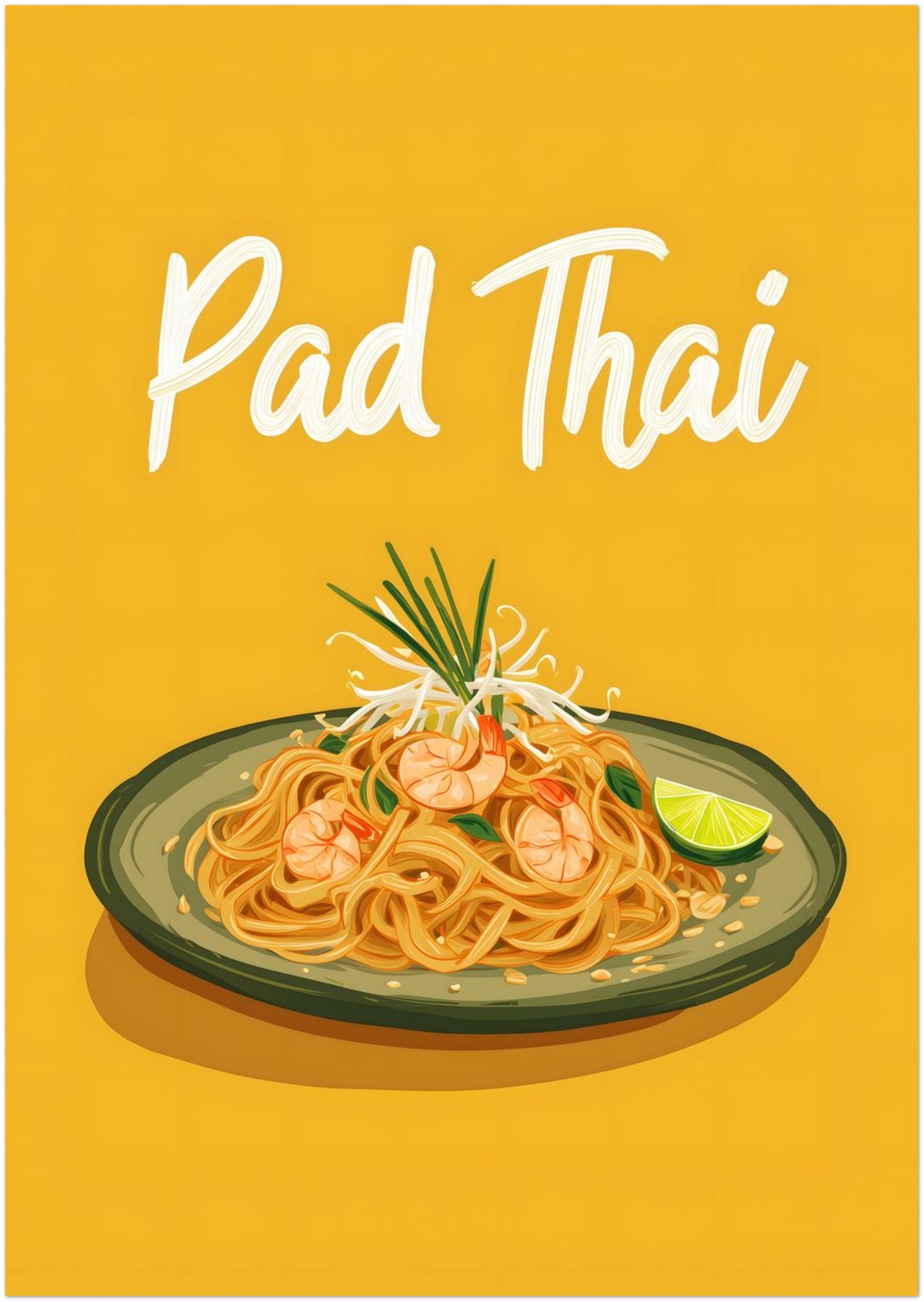 A3 unframed Pad Thai art print on a white background featuring illustrated Thai noodles