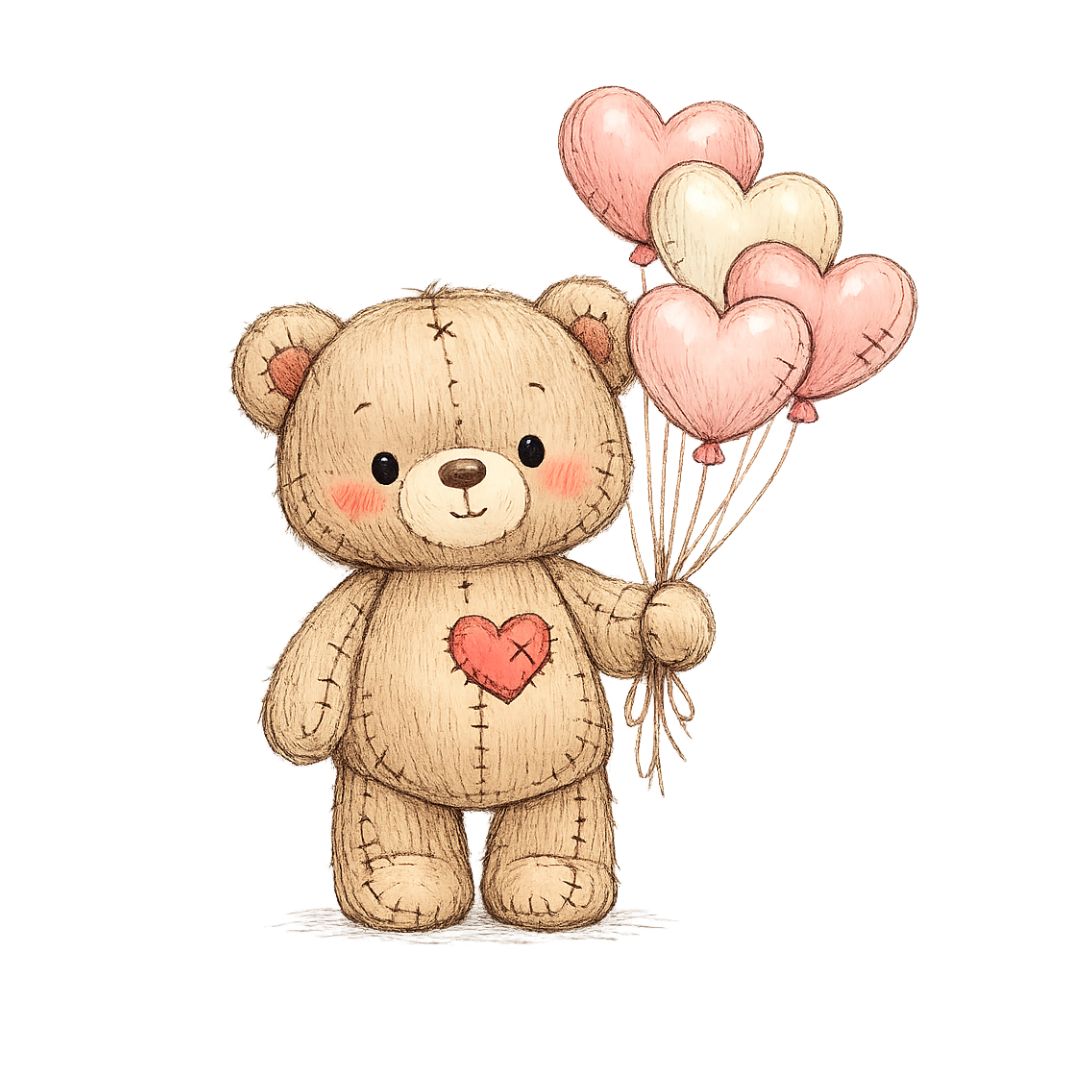 Plush teddy bear holding heart balloons, cute valentines love card style artwork