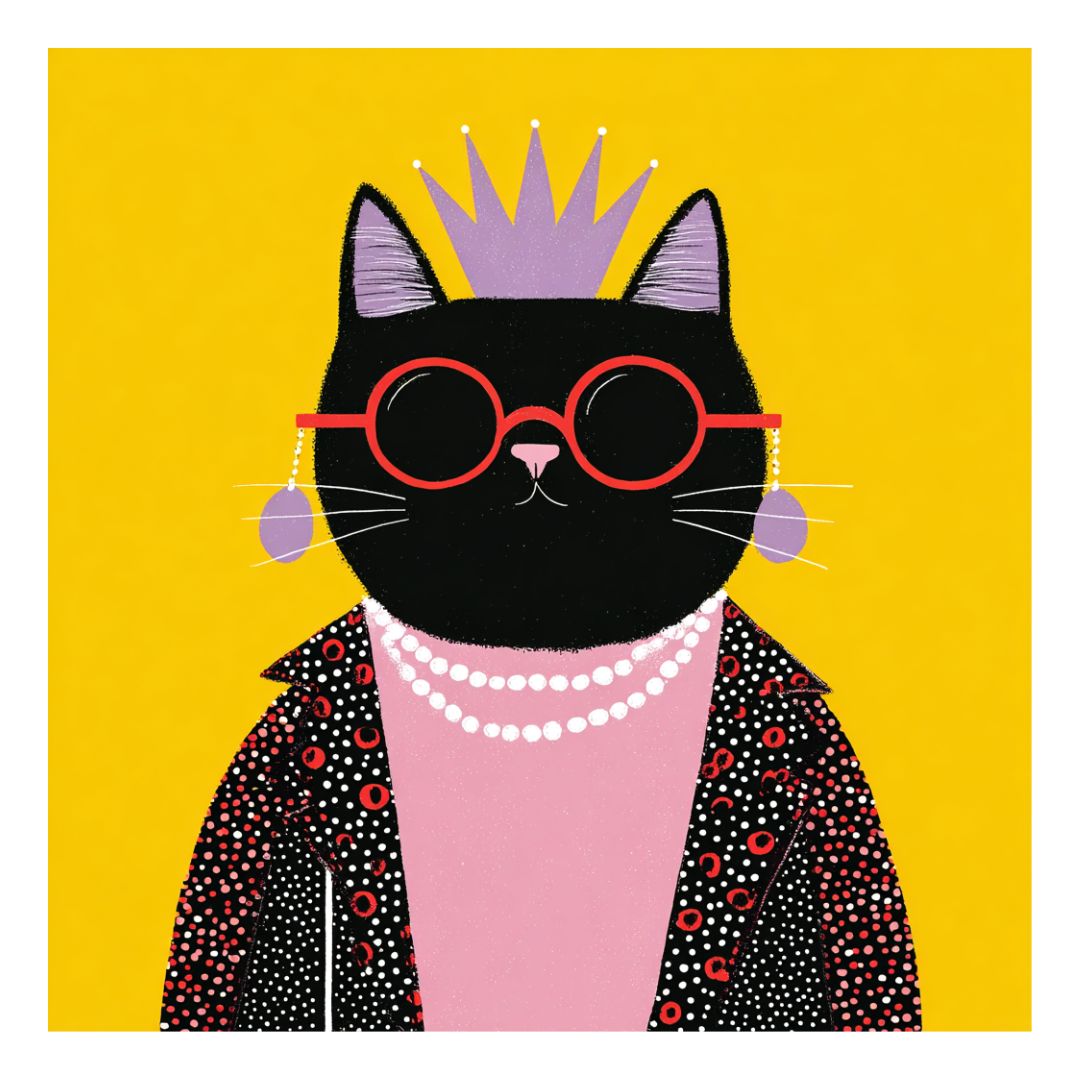 Flat graphic illustration of an anthropomorphic black cat wearing sunglasses and a crown on a solid yellow background