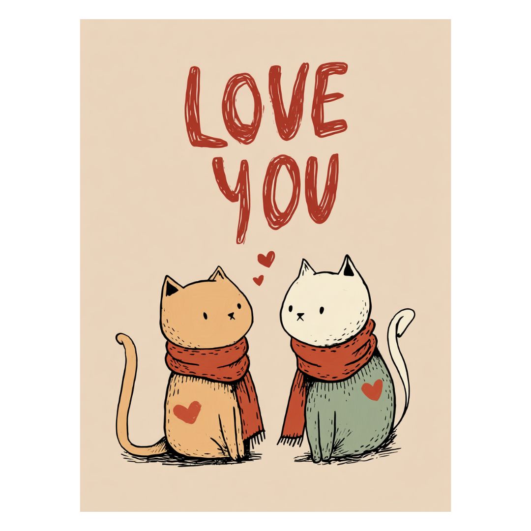Hand drawn animal couple with love you text designed for valentines cards
