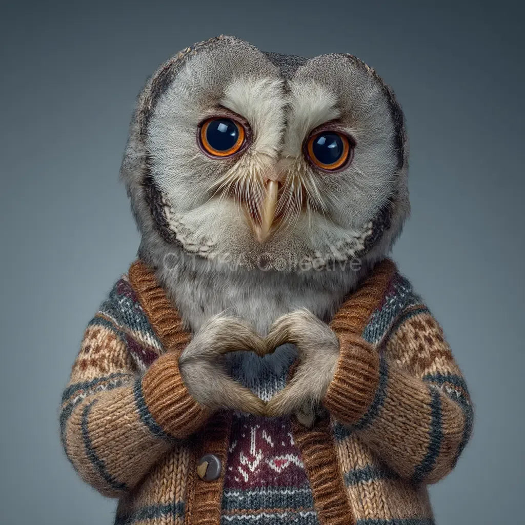 Hyper-realistic owl making heart shape in knitted jumper - Midjourney AI art prompt example