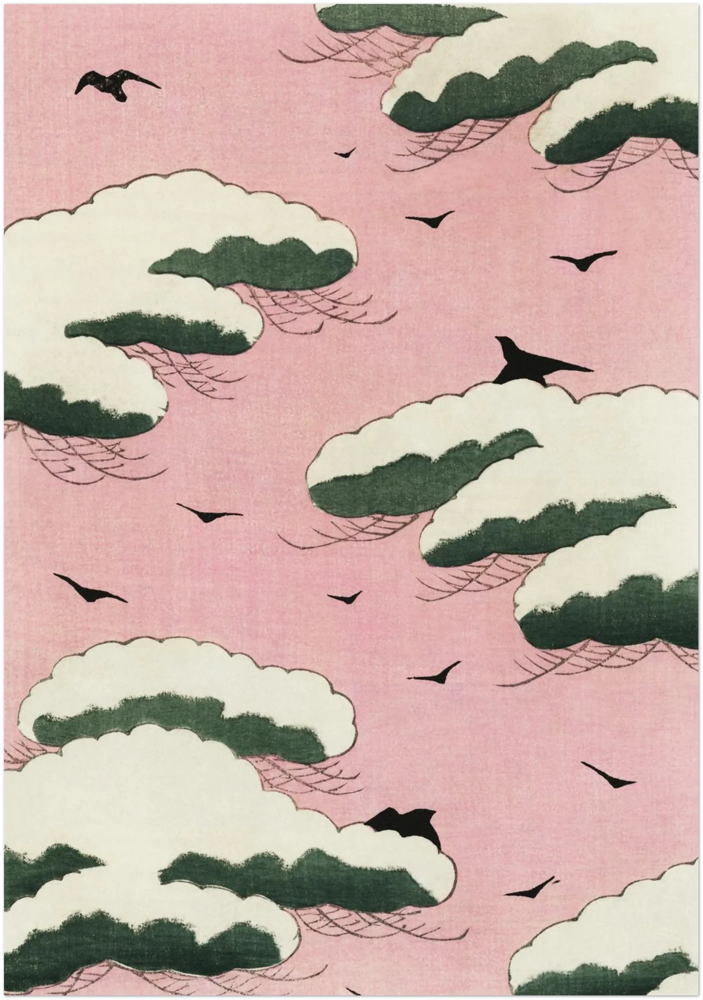 28x40 inch large-format art print mockup featuring original Shin Bijutsukai Japanese pink sky and cloud design, shown on simple background to illustrate layout, scale, and modern wall appeal.