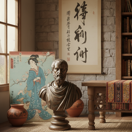 Classical bronze bust displayed in a cultural art studio with Japanese wall art, calligraphy scroll, traditional pottery and wooden interior details