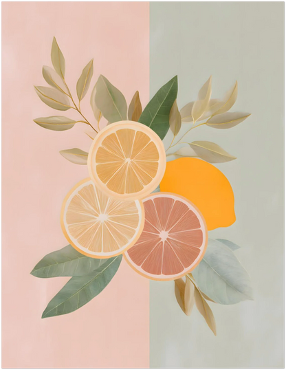 Pastel citrus artwork mockup in the 11×14 inch size, shown on a simple background to highlight the print’s crop, composition and how the grapefruit, lemon and orange elements display within this format.