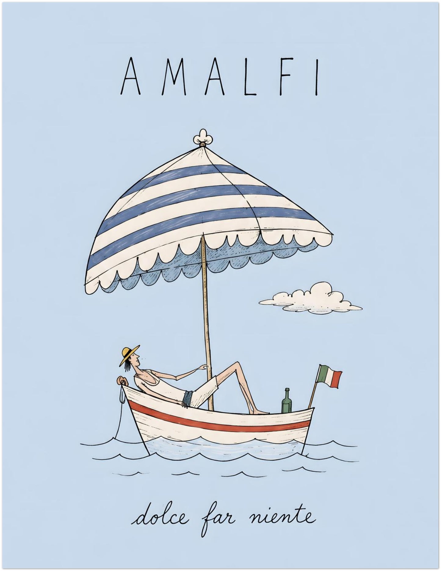 11x14 inch unframed Amalfi Coast art print showing a relaxed figure in a small boat under a striped beach parasol, finished with an Italian flag, gentle waves and pale blue background.