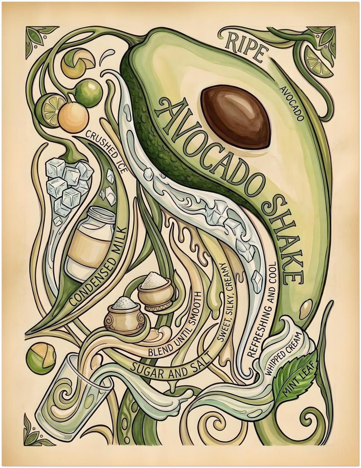 11x14 inch unframed avocado shake recipe poster showing a central sliced avocado surrounded by flowing vines, small fruit clusters and hand-drawn lettering in a vintage botanical style. The muted green, cream and brown palette gives the print a fresh but classic feel, making it ideal for kitchen poster displays, food wall art collections and fruit-inspired home decor.