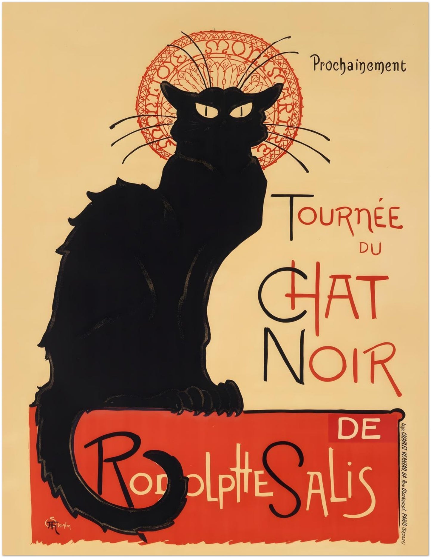 11x14 inch unframed Tournée du Chat Noir print featuring the iconic black cat silhouette and vintage Paris theatre lettering. This French Art Nouveau poster reproduction captures historic cabaret culture in a practical display size, suitable for framed wall art in living rooms, reading corners or creative workspaces.