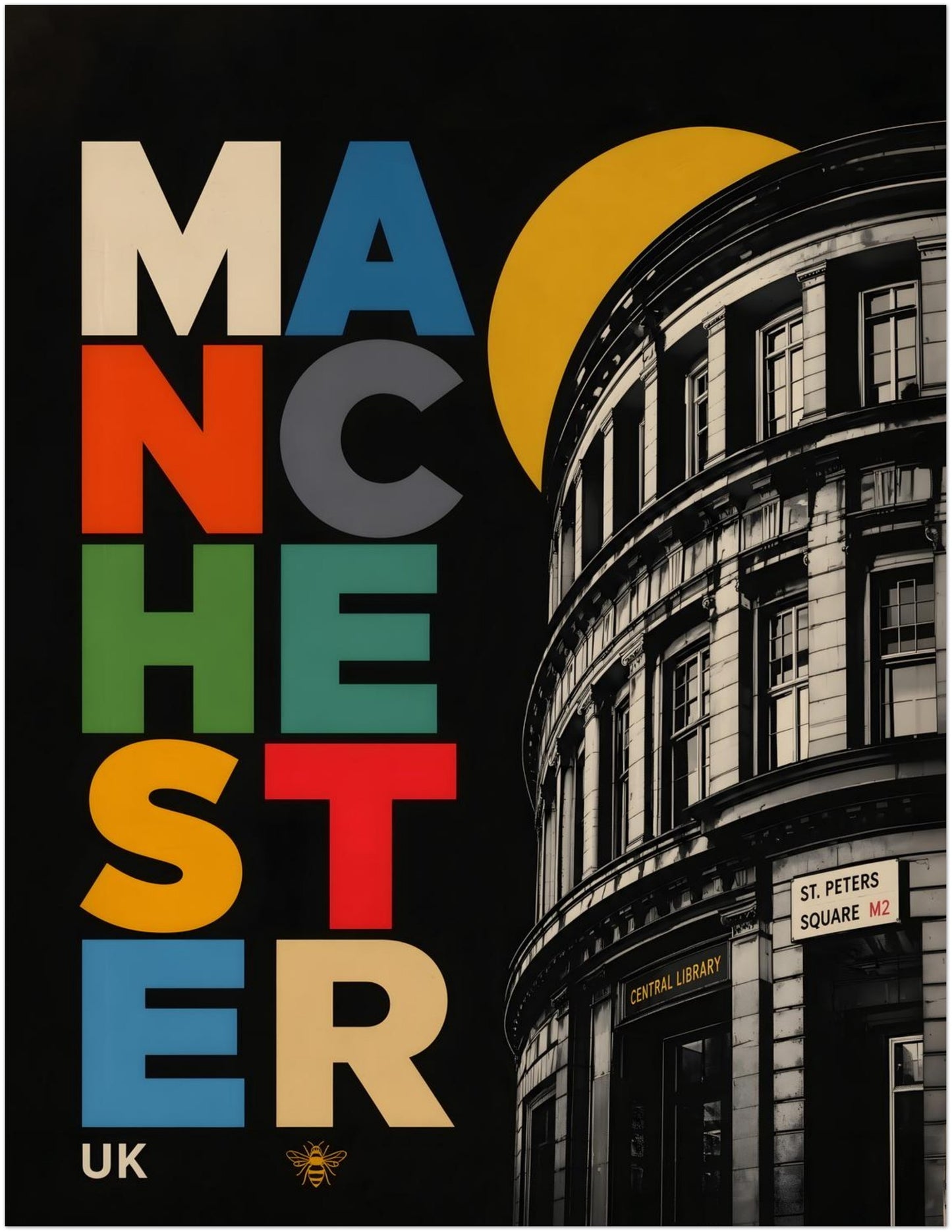 Unframed 11 x 14 inch Manchester landmark print showing Central Library beside stacked blue, red, green, cream and yellow lettering with a small bee motif.
