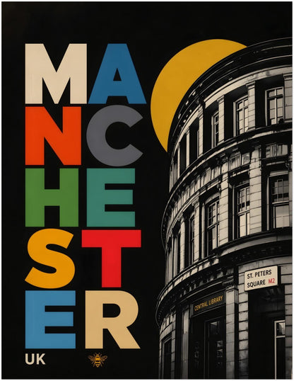 Unframed 11 x 14 inch Manchester landmark print showing Central Library beside stacked blue, red, green, cream and yellow lettering with a small bee motif.