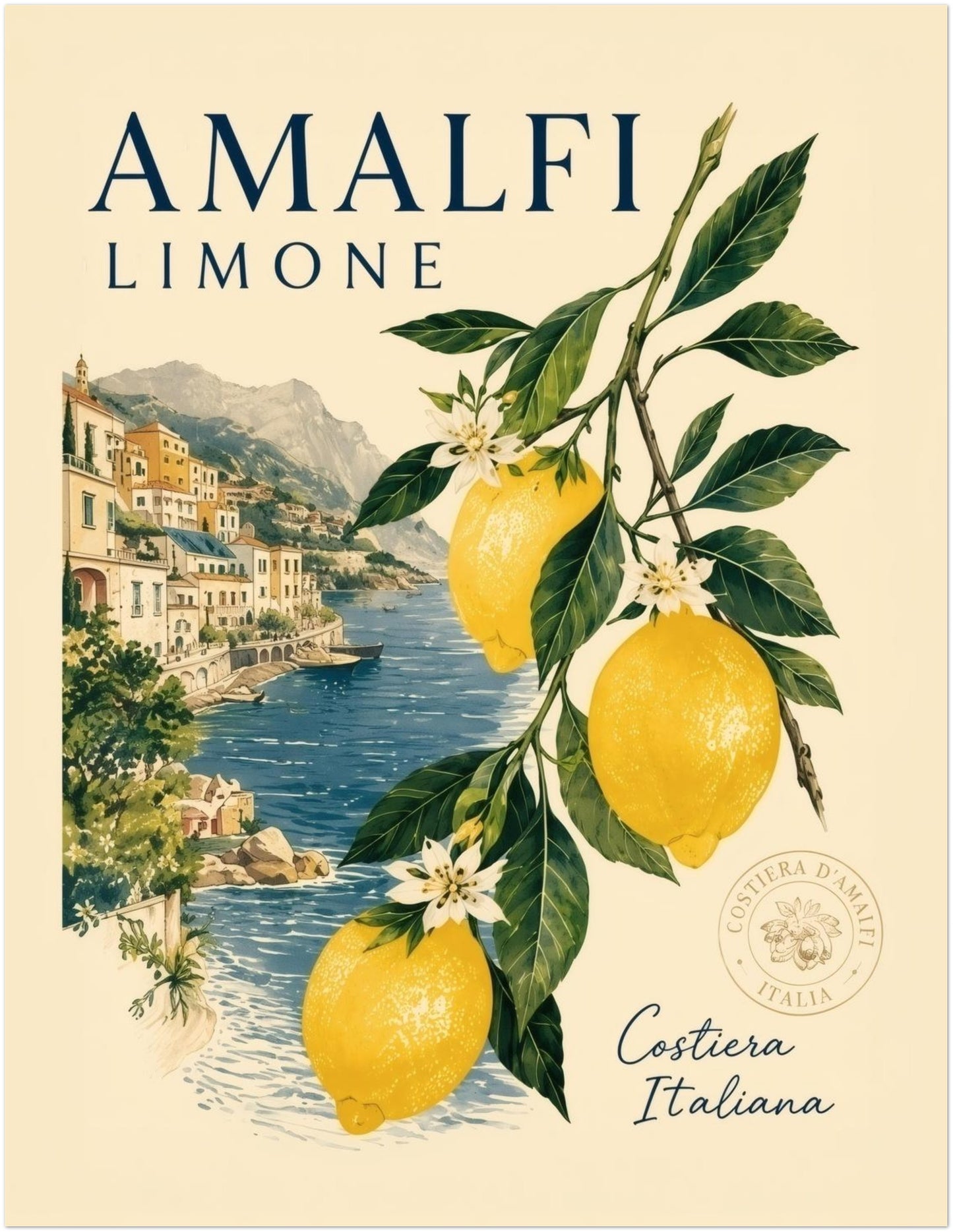 11x14 inch unframed Amalfi Coast lemon print with bright yellow fruit, leafy green branches, soft white flowers and Italian coastal scenery. The cream background and vintage travel poster style make it a strong choice for Mediterranean kitchen decor or summer wall art.
