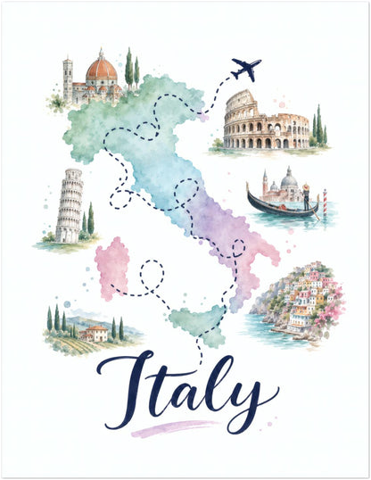Unframed 11 x 14 inch Italy map poster showing the country in soft pastel watercolour shades of green, blue, pink and purple. Dotted travel routes connect illustrated Italian landmarks, architecture and coastal scenes, while a small aeroplane and large navy Italy lettering add a playful travel theme to the portrait artwork.
