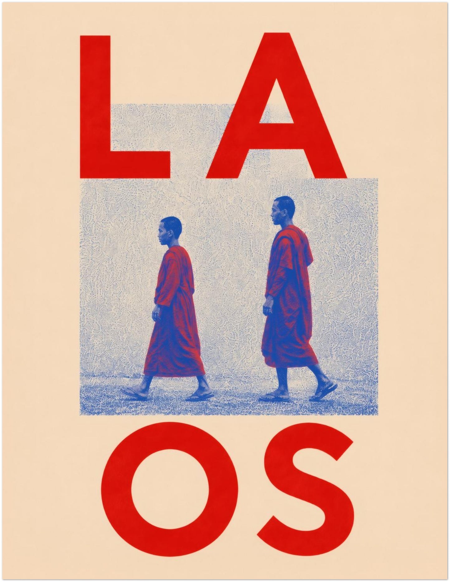 11 x 14 inch unframed Laos travel print depicting two Buddhist monks walking in profile beneath large red LAOS lettering, framed by blue halftone texture on cream.