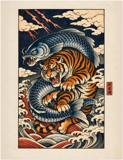 11x14 inch unframed Japanese tiger and koi wall art poster presenting a detailed woodblock-style illustration of an orange tiger wrapped around a blue koi amid dynamic navy waves. Cream background tones and red stamp accents enhance its traditional Asian aesthetic. Mid-size vertical wildlife artwork suitable for layered gallery wall displays.