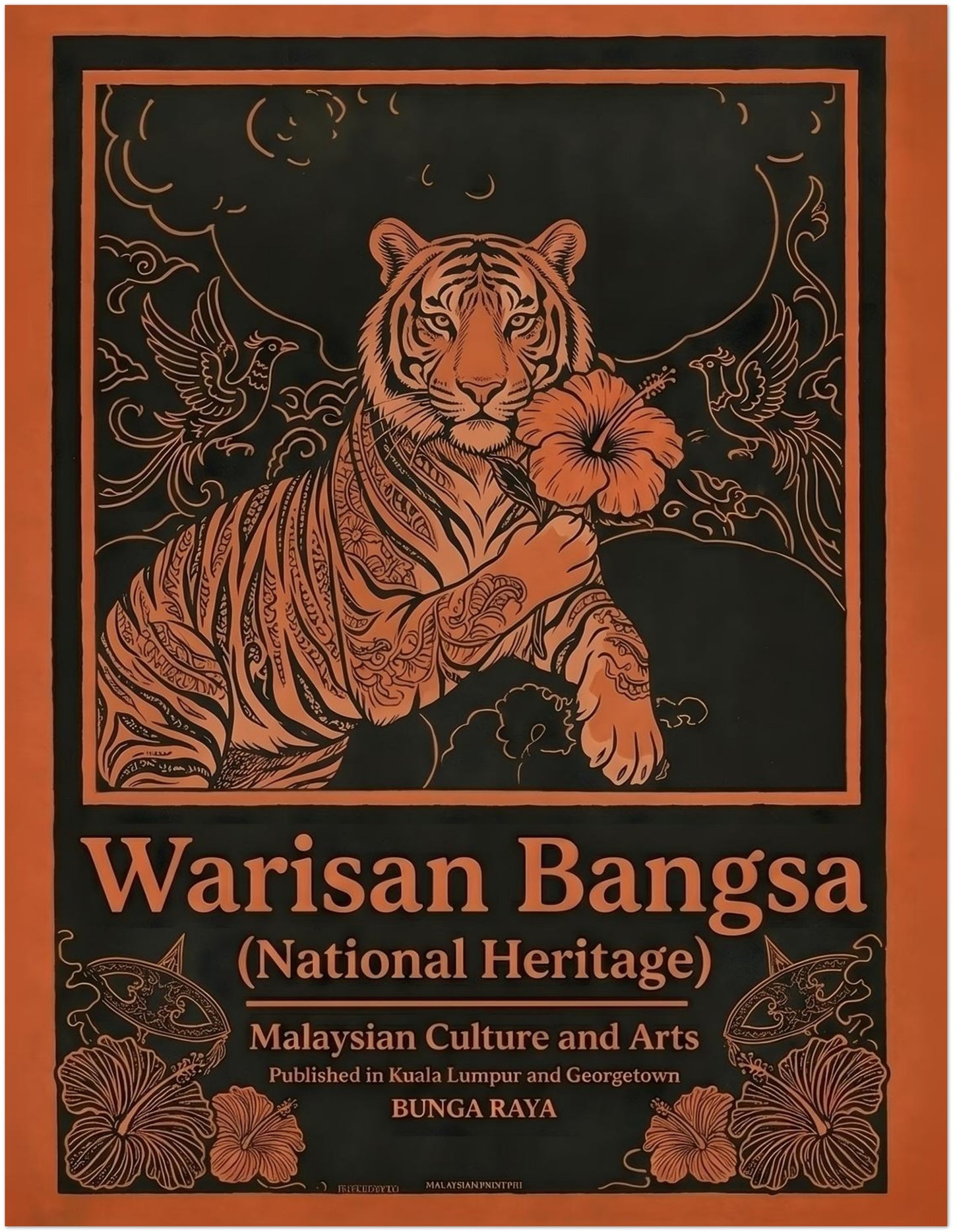 11x14 unframed Malaysia heritage wall art Warisan Bangsa National Heritage poster showing a tiger holding a hibiscus flower surrounded by decorative birds and floral motifs. The artwork uses strong orange line illustration on a dark background in a vintage poster style. Malaysian culture art inspired by national heritage symbols and traditional decorative design.