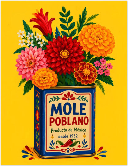 Unframed 11 x 14 inch Mexican food poster with a blue mole poblano tin used as a flower container on a vivid yellow background. Large red, pink and orange blooms, green leaves and vintage-style packaging details create colourful kitchen wall art inspired by Mexican cooking, folk design and traditional chilli sauce tins.