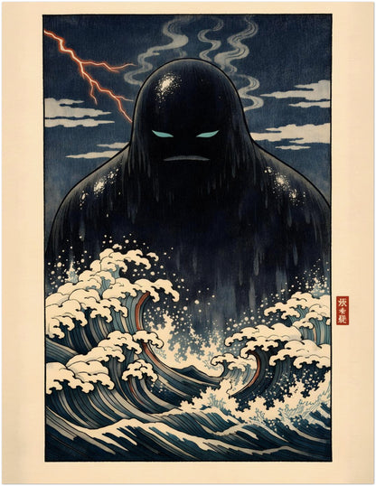 11x14 inch unframed Japanese folklore poster of the Umibōzu sea monk rising from dramatic indigo waves. The composition highlights stylised foam detailing, a shadowed spirit silhouette and woodblock-inspired linework. A medium-sized yōkai wall art print suited for gallery walls, desks or layered interior styling.
