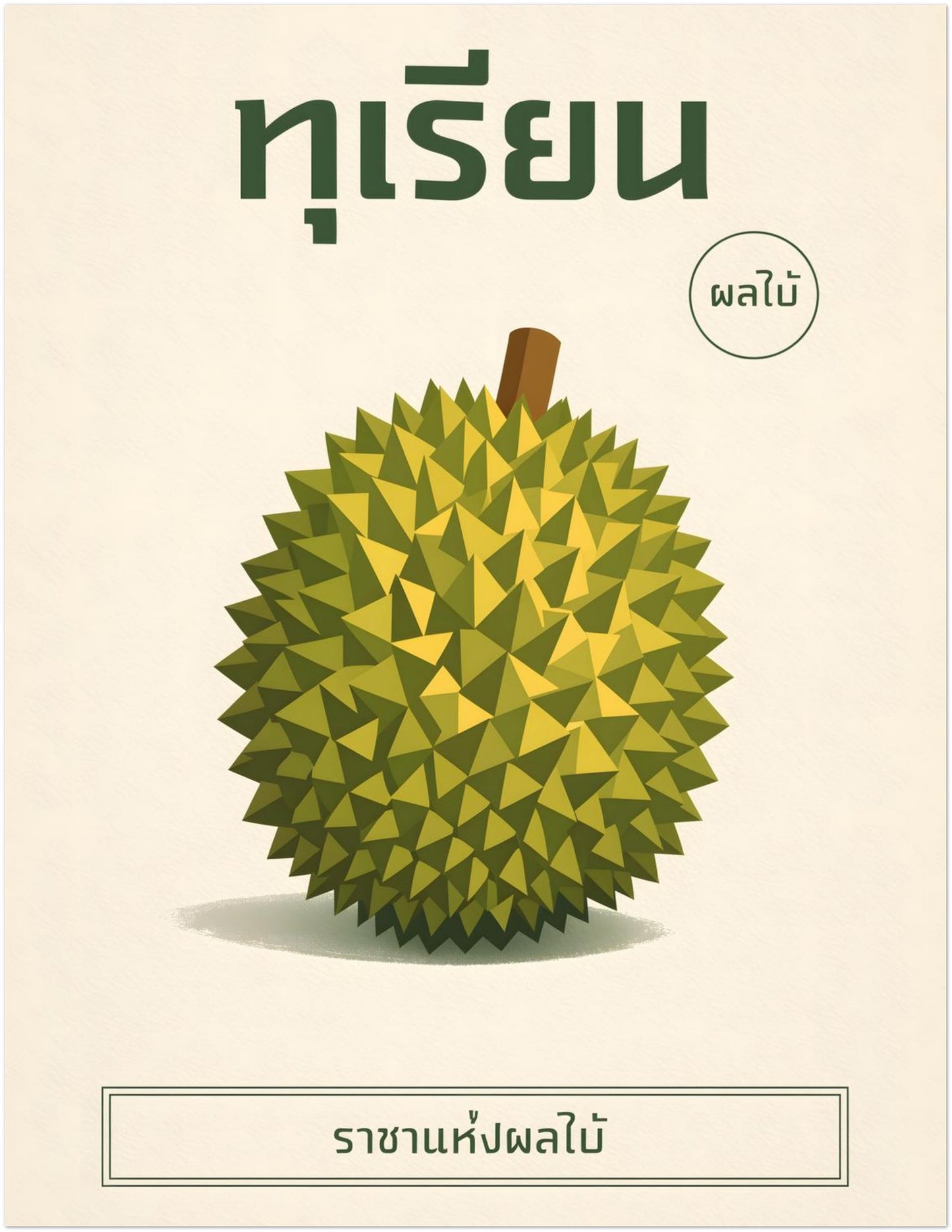 11x14 inch unframed minimalist durian art print featuring a stylised green durian with faceted spike detailing on a soft neutral background. Thai headline text and minimal caption area structure the design. This versatile mid-size botanical poster suits contemporary kitchens, studios or curated gallery walls.