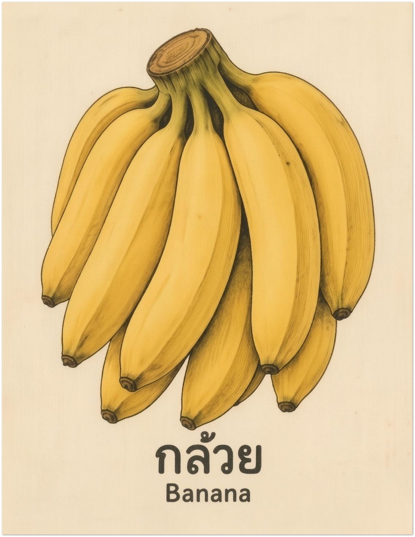 11x14 unframed vintage Thai banana poster with a centred bunch of yellow bananas, Thai lettering, and the English word Banana on a warm aged background. The balanced portrait format gives the artwork a classic print look that feels clear and easy to style. Ideal for banana wall art searches, botanical banana print displays, kitchen fruit wall art, and retro food poster collections with a cultural touch.