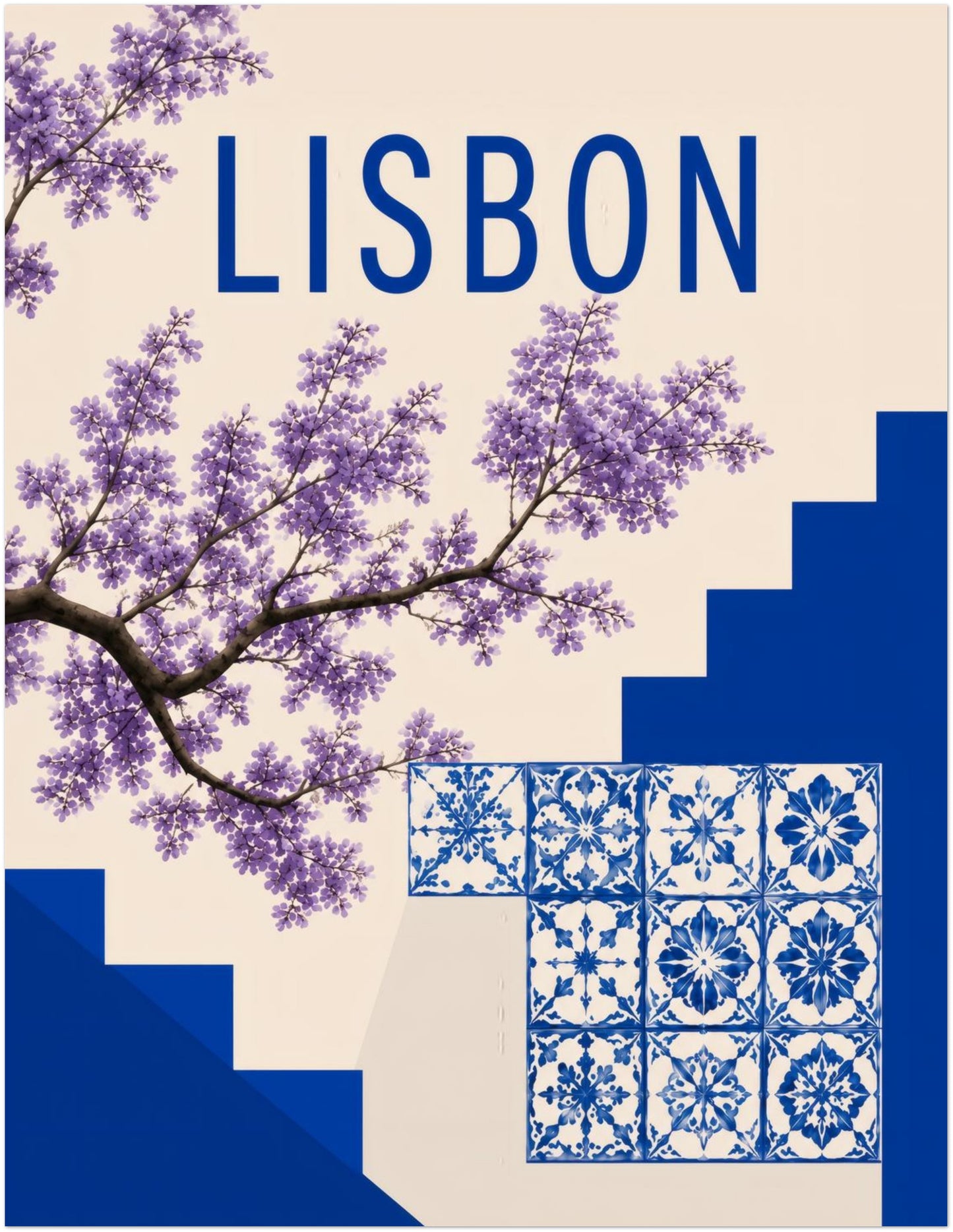 11x14 inch unframed Lisbon travel poster inspired by Portuguese azulejo tiles, city steps and jacaranda flowers. The artwork uses blue and white tile designs, strong blue shapes, soft cream background and simple Lisbon text, making it suited to gallery wall decor and Portugal inspired interiors.