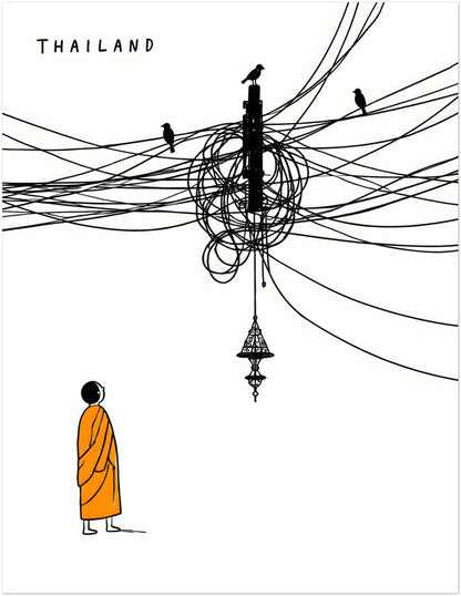 11x14 Thailand monk poster showing messy overhead cables, black birds and a hanging Thai lamp above a quiet Buddhist monk in an orange robe. Minimal black and orange artwork with humour, travel style and white space for modern Thailand wall decor.