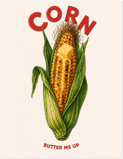11x14 inch unframed funny corn poster shown as a clean vertical art print. The artwork includes a buttered corn cob with green leaves, yellow kernels, red CORN text and BUTTER ME UP underneath. A bold kitchen wall art print for food lovers, breakfast nooks, cafés and colourful gallery walls.