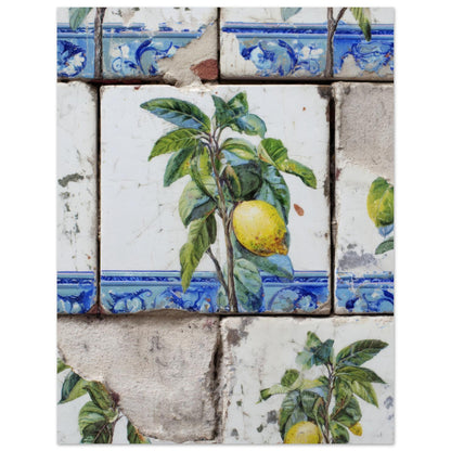 Unframed 11×14" lemon azulejo tile print on a white background, presenting Mediterranean ceramic tile patterns, citrus illustration and balanced artwork layout for sizing clarity.