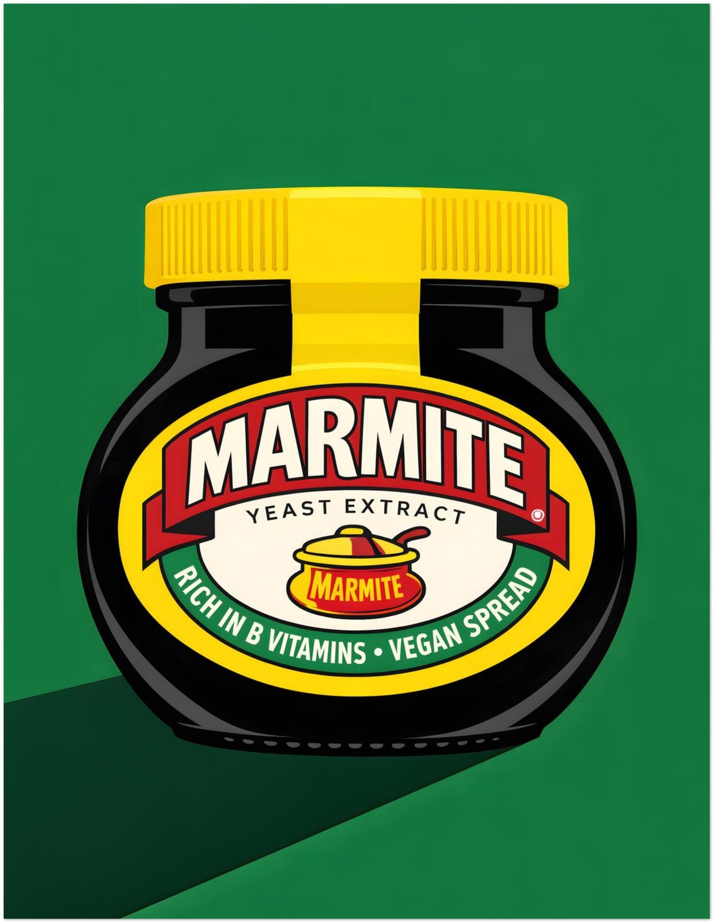11x14 inch unframed British pop art print of a Marmite jar with a bright yellow lid, black body, red and cream label, and rich green background. The balanced mid-size format makes the bold simple shapes stand out clearly without feeling crowded. A strong choice for British food wall art in kitchens, dining rooms, breakfast corners or modern interiors with clean graphic styling.
