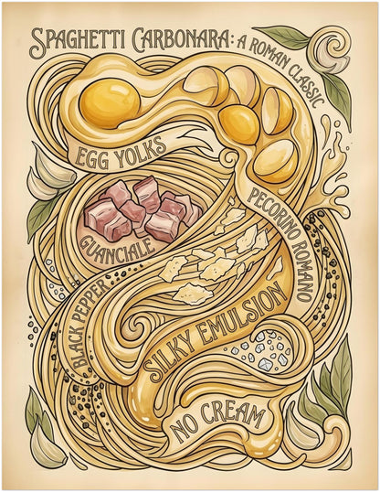 11x14 inch unframed Spaghetti Carbonara Poster featuring a retro recipe-inspired composition with swirling pasta, golden egg yolks, pink guanciale pieces and hand-drawn text. The soft beige background and vintage linework give it a relaxed, classic look. A versatile medium-size spaghetti print for Italian kitchen wall art, food wall decor, dining room styling or a simple gallery wall with neutral tones.