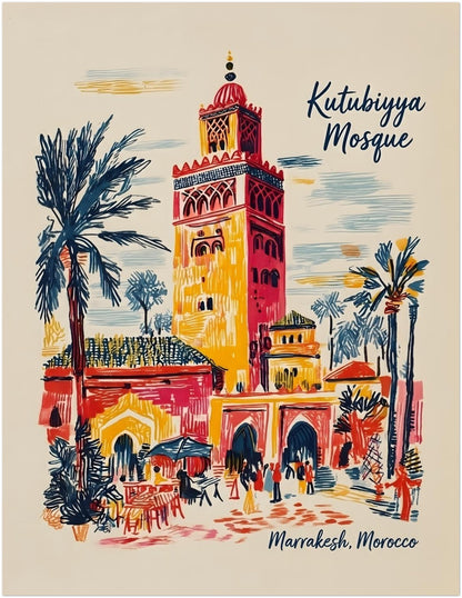 11x14 inch unframed Kutubiyya Mosque print showing a lively Marrakech street scene with the famous mosque tower rising above palm trees and arched entrances. Loose red, yellow, blue and cream lines give the artwork a hand-drawn travel poster feel. A popular medium size for Morocco wall art, suited to living rooms, hallways, bedrooms or offices wanting colourful Marrakesh architecture decor.