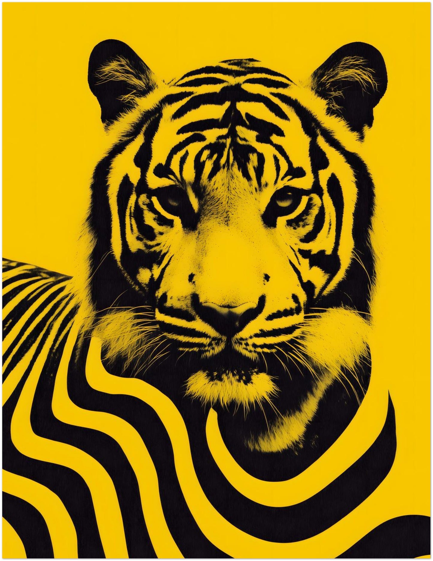 11x14 inch unframed Malaysian tiger poster showing a bold black tiger portrait with stylised flowing stripe patterns across the body on a vibrant yellow background. The artwork draws inspiration from Malaysia’s national animal and combines contemporary graphic illustration with wildlife imagery to produce a striking modern wall art poster.
