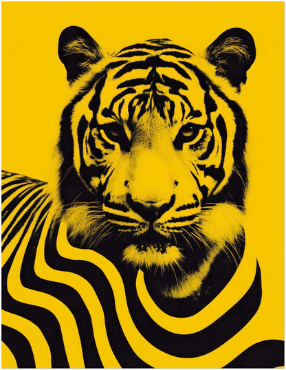 11x14 inch unframed Malaysian tiger poster showing a bold black tiger portrait with stylised flowing stripe patterns across the body on a vibrant yellow background. The artwork draws inspiration from Malaysia’s national animal and combines contemporary graphic illustration with wildlife imagery to produce a striking modern wall art poster.