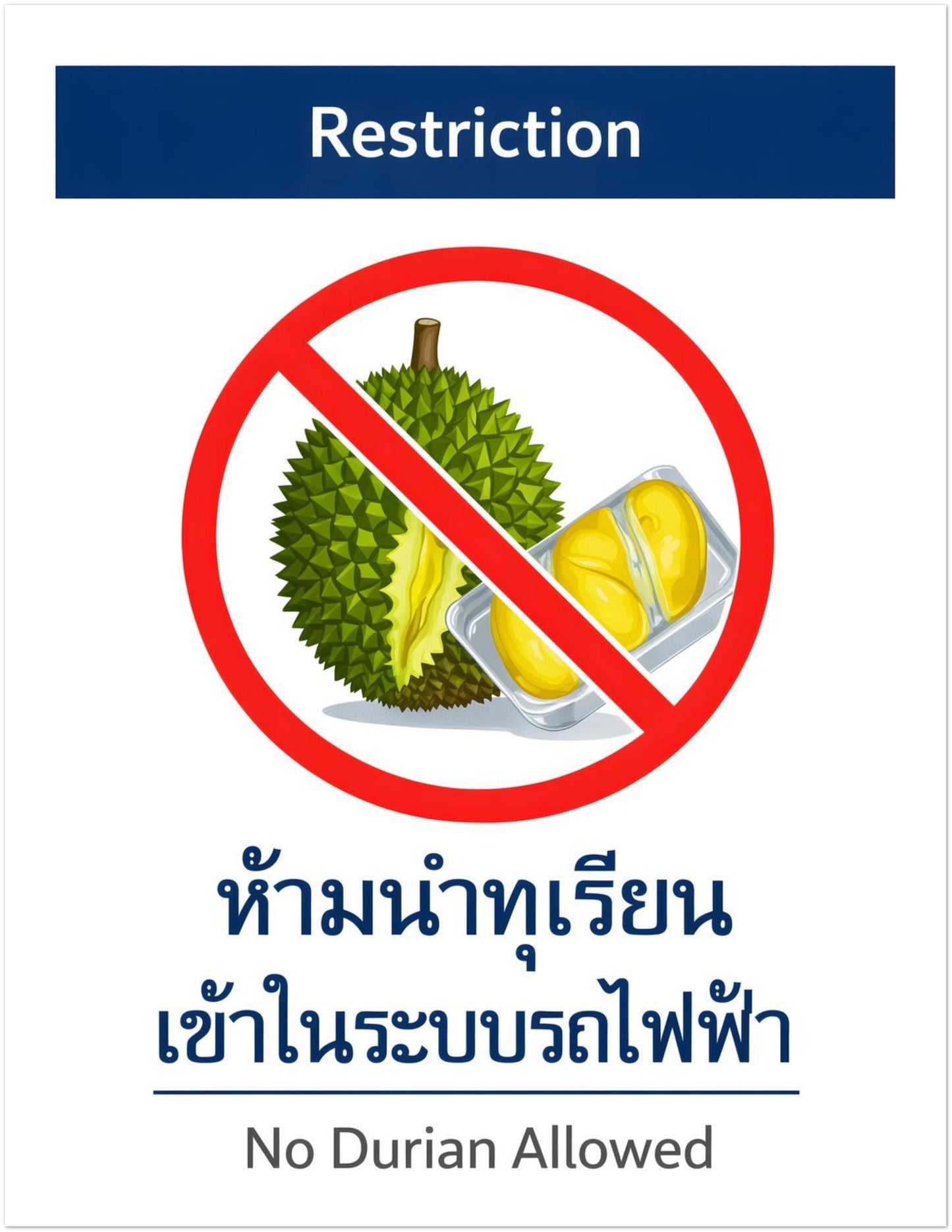 11x14 inch unframed No Durian Allowed durian sign print inspired by Thai metro travel signage. Clean bilingual prohibition design with red circle across durian fruit illustration. Graphic Southeast Asian food wall art perfect for kitchens, small dining spaces or travel-themed decor.