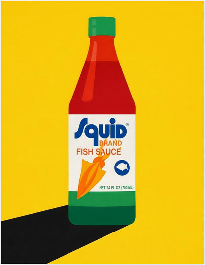 11x14 inch unframed Thai fish sauce poster featuring a bright pop art illustration of a Squid Fish Sauce bottle against a solid yellow background. The print has crisp lines, bold colour blocking and a dark angled shadow that adds depth and impact. This medium size kitchen poster suits modern food-themed decor, Asian pantry wall art, dining spaces and unique colourful interiors.