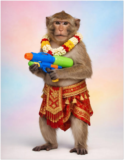 11x14 inch unframed Thai Songkran Monkey poster presented in a simple front view for product listing use. The artwork shows a monkey in traditional red and gold Thai dress with a flower garland and a bright blue, green and orange water gun on a soft pastel backdrop. Strong keyword image for monkey wall art, Thai wall art, Thailand art print, festival poster and colourful animal art.