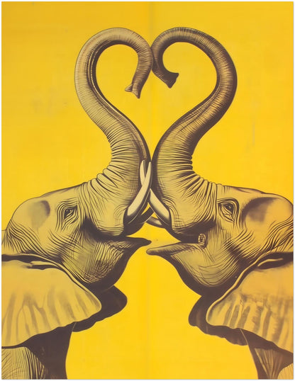 11x14 unframed yellow elephant poster shown front on against a plain white background. The print features two mirrored elephants in dark linework, with trunks curving together into a heart over a rich yellow base. Medium size wall art image suited to elephant print, elephant wall art, romantic elephant poster, modern animal decor, and yellow wall art product searches for living rooms, bedrooms, and hallways.
