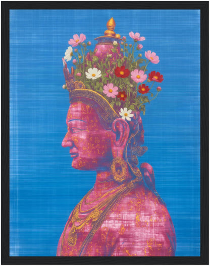 11x14 inch pink and green Tara Buddhist art print in a black wood frame, showing a contemporary Tara portrait on blue.