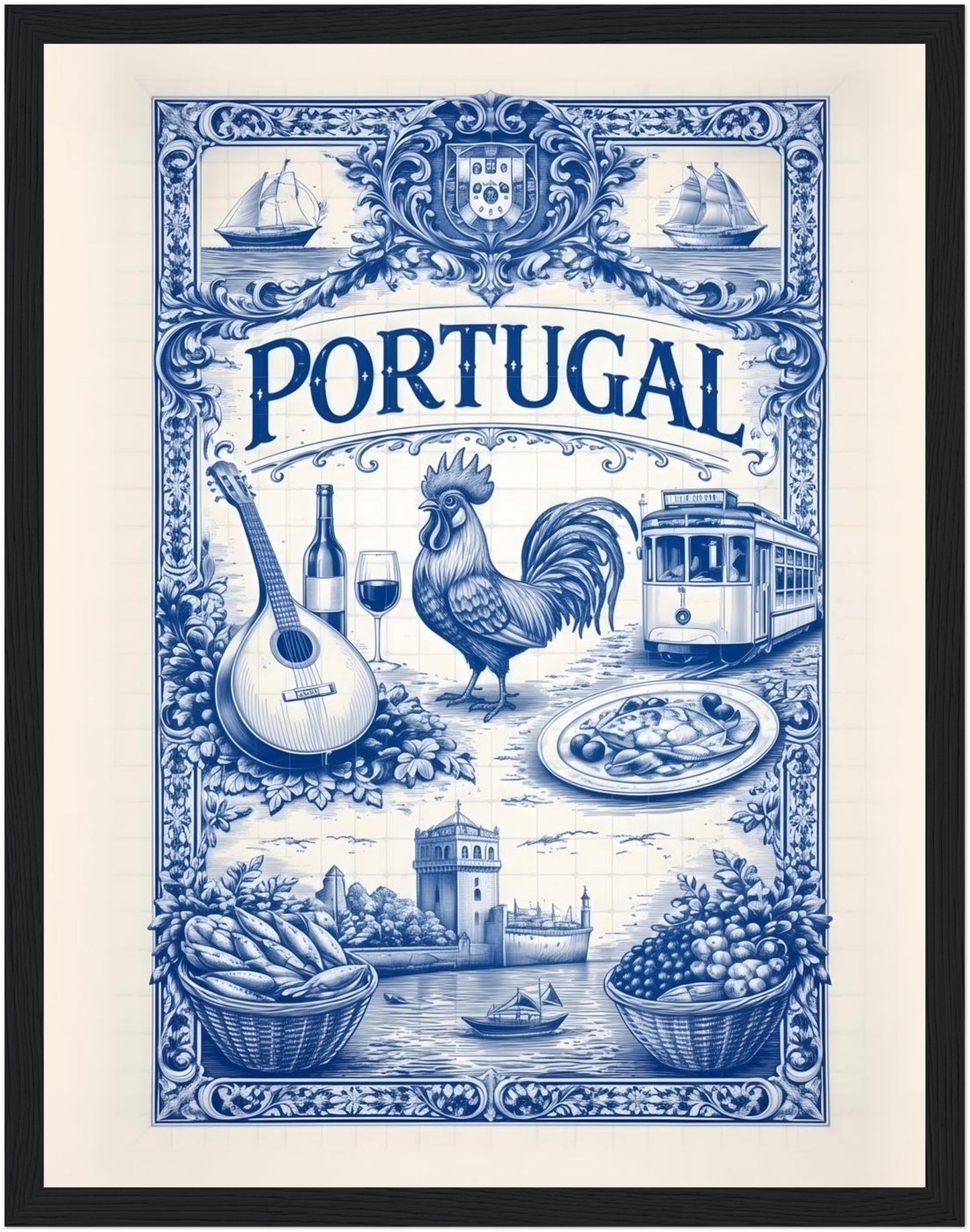 11x14 inch framed Portuguese tile art print in a black wood frame, featuring classic blue azulejo artwork.