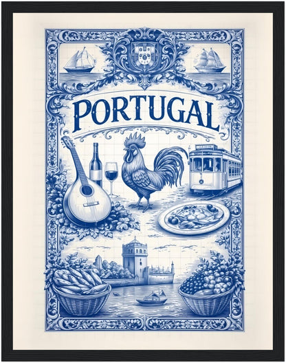 11x14 inch framed Portuguese tile art print in a black wood frame, featuring classic blue azulejo artwork.