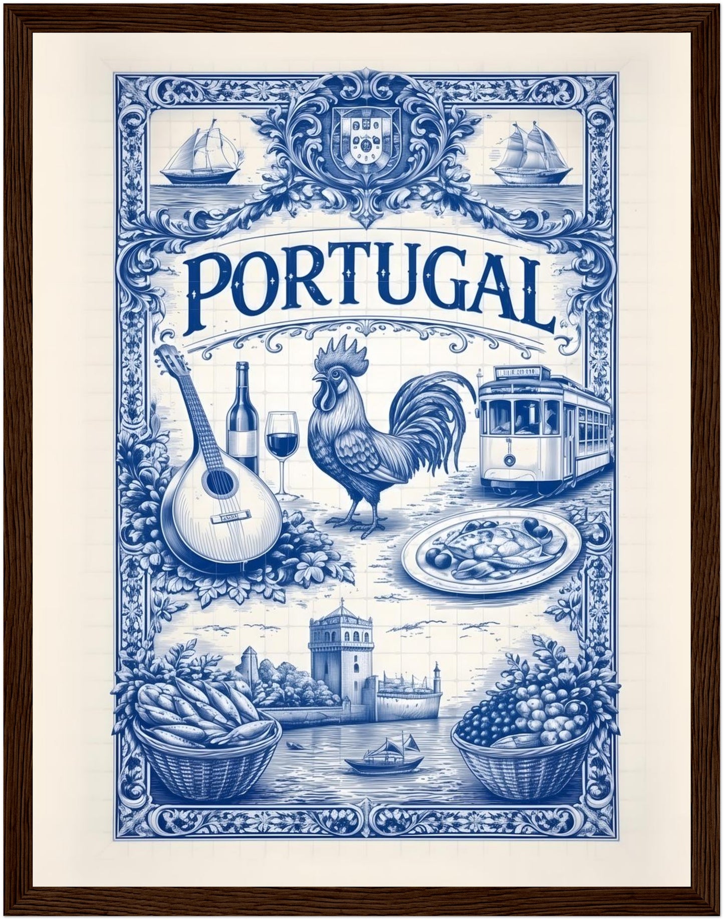 11x14 inch framed portugal azulejo poster in a dark wood frame, highlighting Portuguese cultural symbolism.