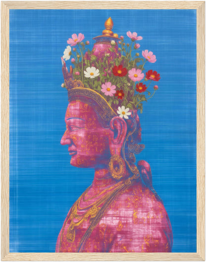 11x14 inch pink and green Tara Buddhist art print in a natural wood frame, featuring a pink Tara Buddhist side-profile portrait.