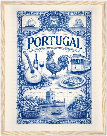11x14 inch framed portuguese tile art poster in a natural wood frame, showcasing Portugal traditions through azulejo design.