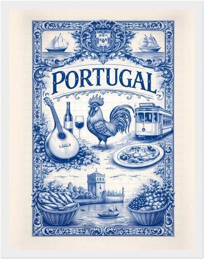 11x14 inch framed Portugal art poster in a white wood frame, featuring blue azulejo tile illustrations inspired by Portuguese culture.