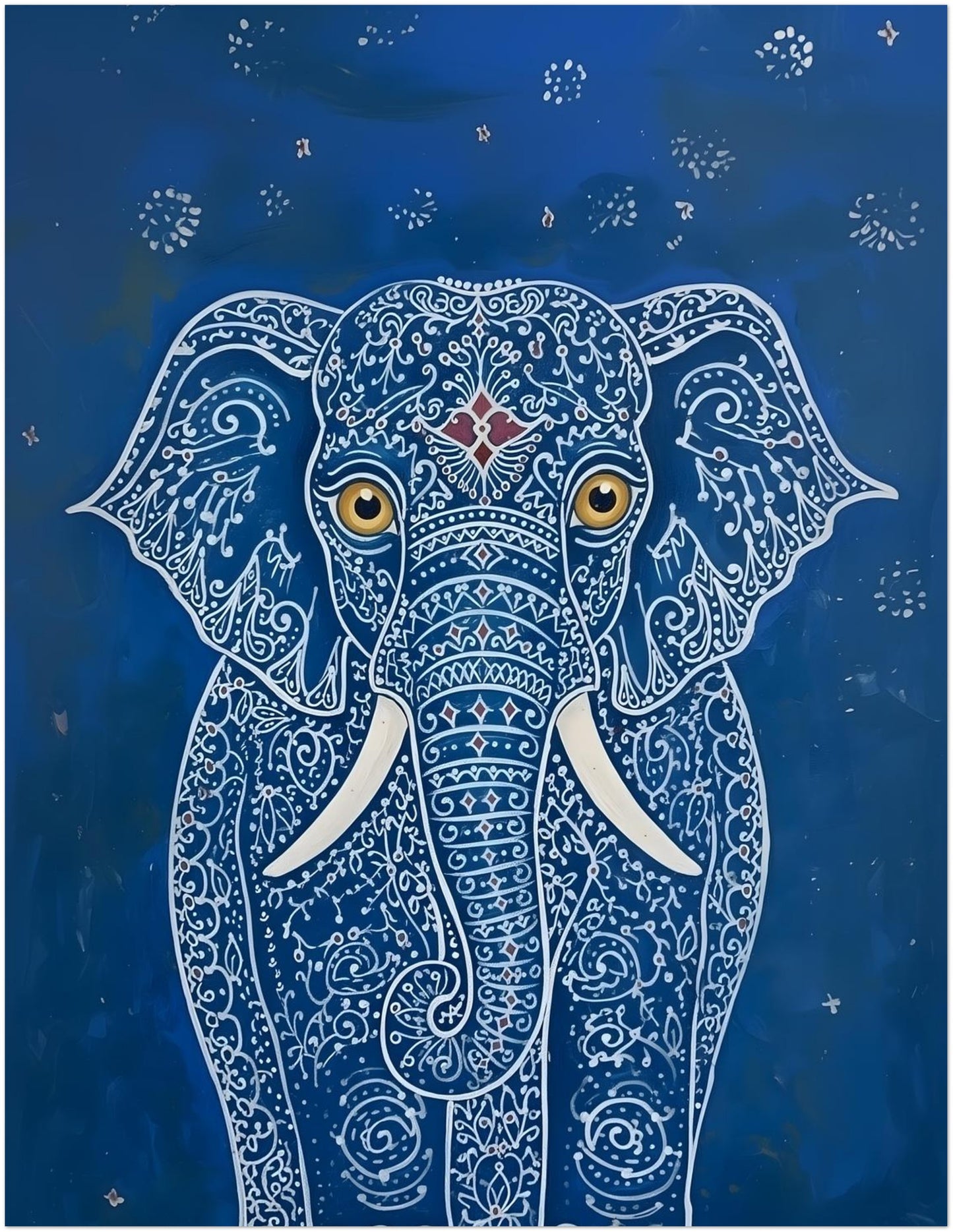 Thumbnail image of the 11x14 unframed Blue Indian Elephant Poster. The artwork presents a front-facing elephant with intricate white linework, gold eyes, white tusks and a bold blue background with small star-like dots. A balanced elephant wall art size for living rooms, bedrooms, hallways and home offices, blending Indian-inspired detail with decorative animal print appeal.
