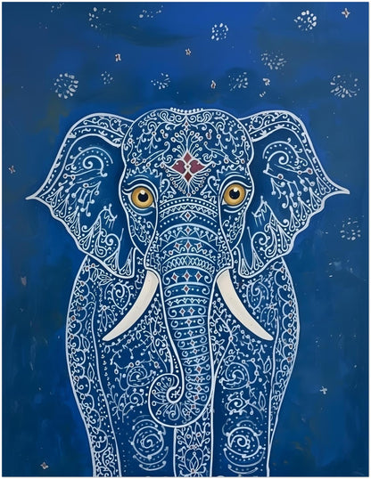 Thumbnail image of the 11x14 unframed Blue Indian Elephant Poster. The artwork presents a front-facing elephant with intricate white linework, gold eyes, white tusks and a bold blue background with small star-like dots. A balanced elephant wall art size for living rooms, bedrooms, hallways and home offices, blending Indian-inspired detail with decorative animal print appeal.