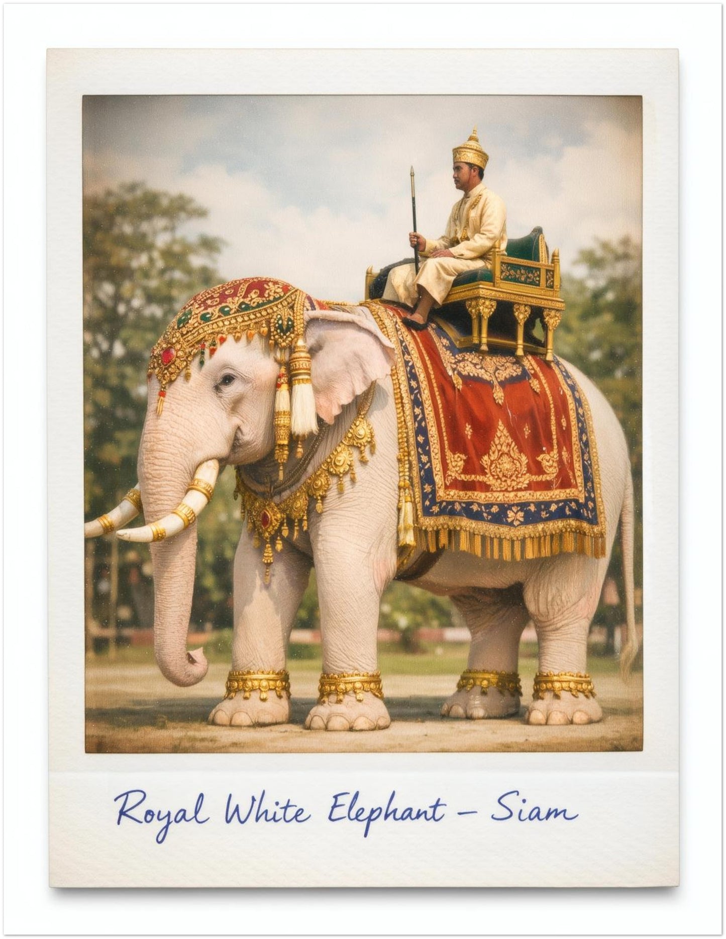 11x14 inch unframed Royal White Elephant Siam poster in vintage Polaroid format. The artwork features a white elephant adorned in red and gold royal cloth with a Thai royal figure seated above. The handwritten caption adds historic character, making it a strong Thailand cultural art print.