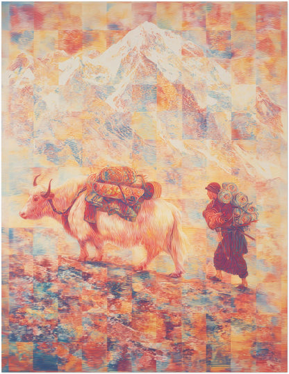 11x14 inch unframed Mount Everest wall art featuring a Tibetan yak in a psychedelic Himalayan landscape. Compact folk Tibet poster ideal for smaller walls and gallery layouts.