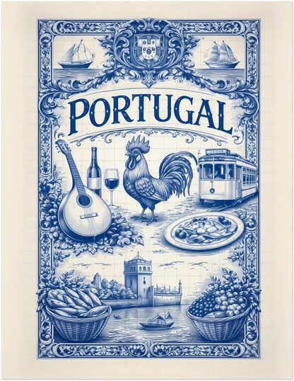 11x14 inch unframed Portugal cultural art poster displaying a stylised blue azulejo tile design with Portuguese symbolism including food, wine, music, transport, and coastal landmarks.