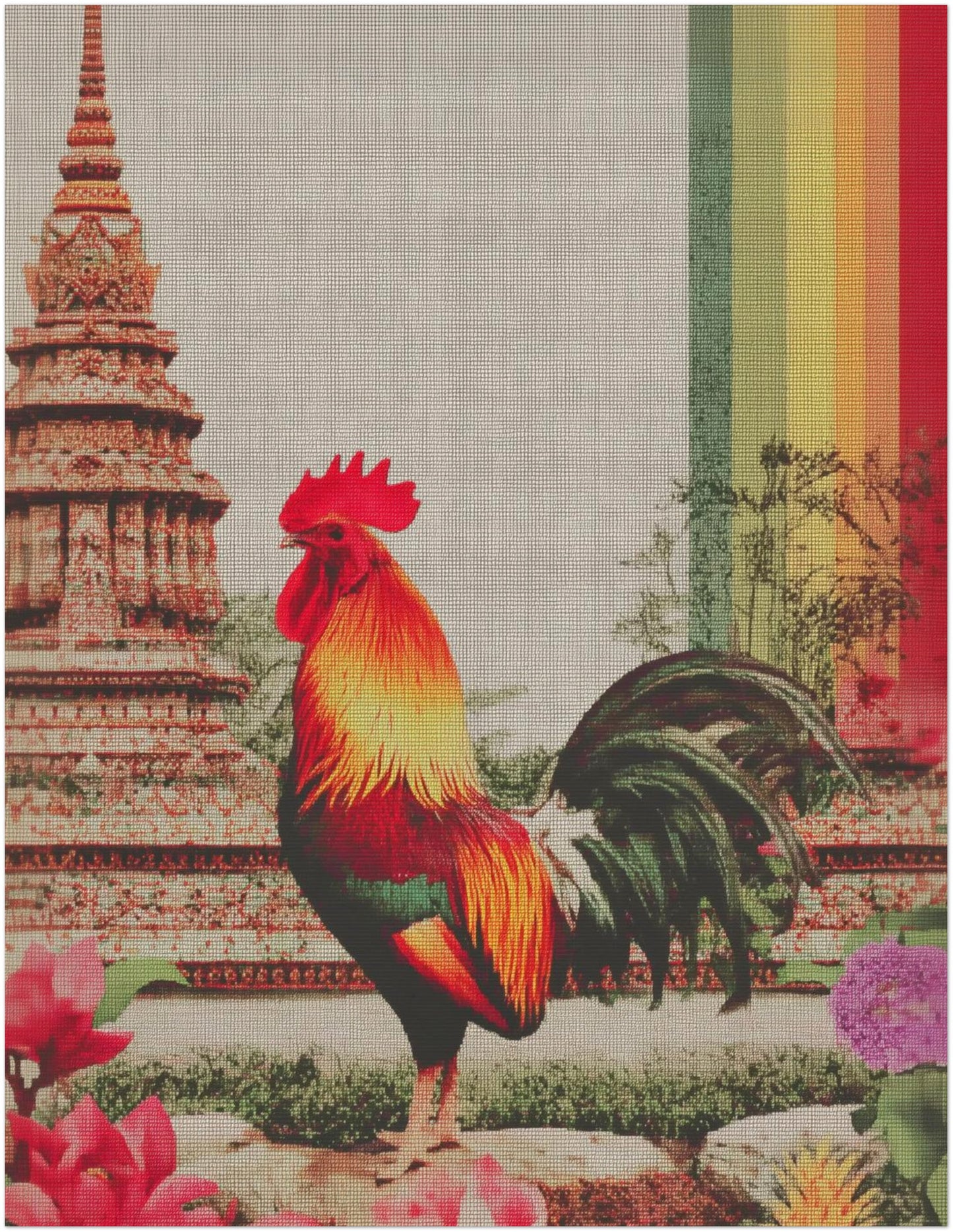 Unframed 11x14 inch Thai rooster poster featuring a bold red and gold rooster standing guard before a Wat Arun-inspired temple silhouette. The artwork reveals fine canvas-style texture, detailed floral elements, and a bright vertical rainbow panel that adds contemporary energy to the traditional scene. A popular standard size for framed wall art, bedrooms, study areas or cultural decor themes centred on luck, protection and Thai heritage.